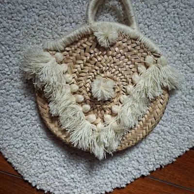 Sac paille & pompons neuf hauteur 34 cm 